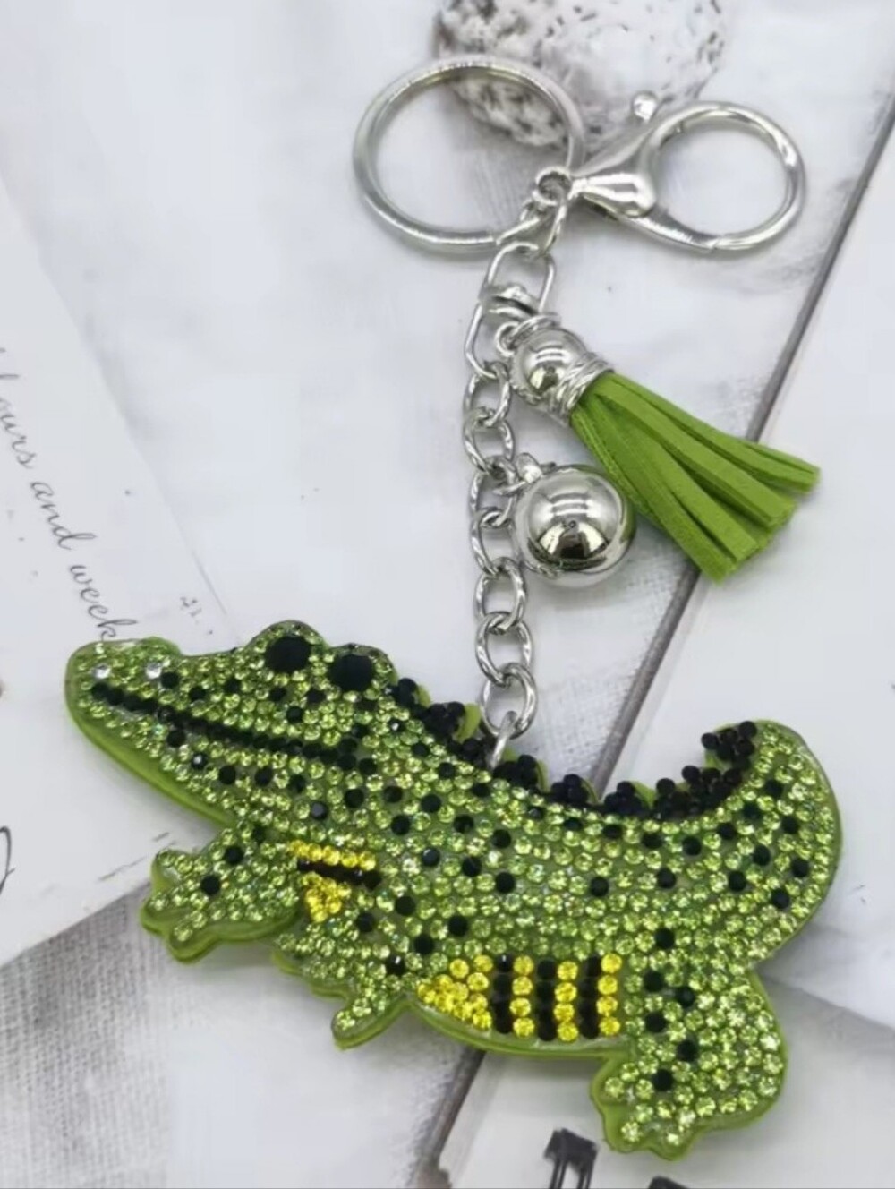 Bling Alligator Crystal Rhinestone Keychain Bag Charm With Green Tassel
